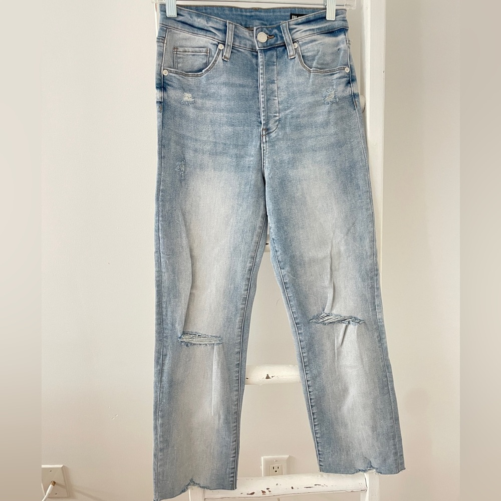 Blank NYC The Baxter Ribcage Straight Leg Light Blue Distressed Flare Jeans